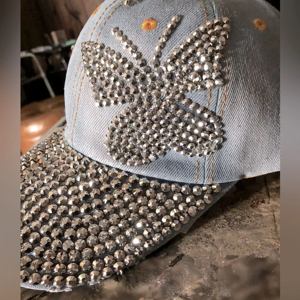 Embellished Ball Cap Distressed Light Denim‎ Silver Stud Butterfly Baseball Hat